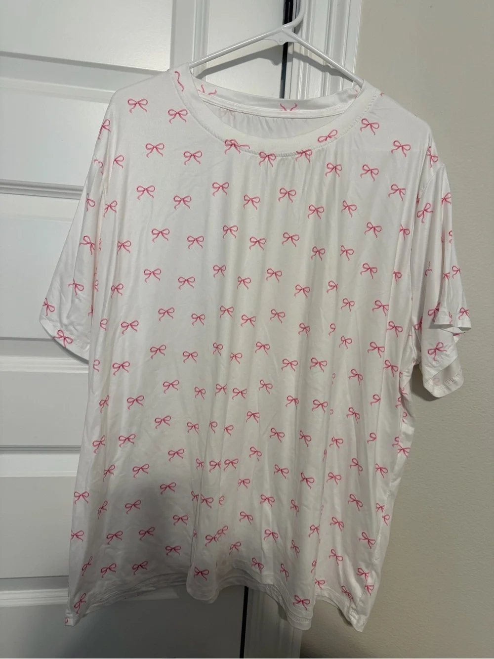 SHEIN White Tee with Pink Bow Pattern
